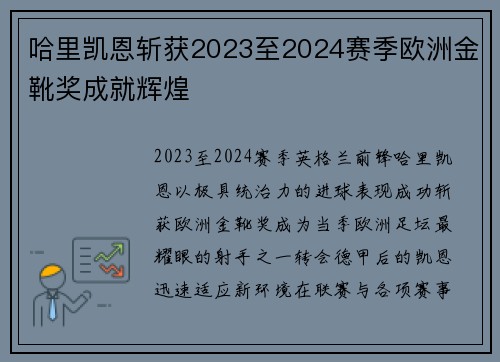 哈里凯恩斩获2023至2024赛季欧洲金靴奖成就辉煌