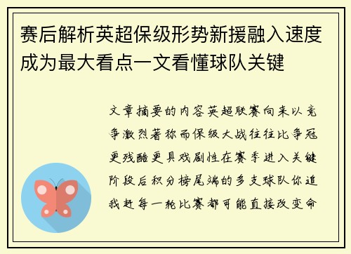 赛后解析英超保级形势新援融入速度成为最大看点一文看懂球队关键 赛后解析英超保级形势新援融入速度成为最大看点一文看懂球队关键